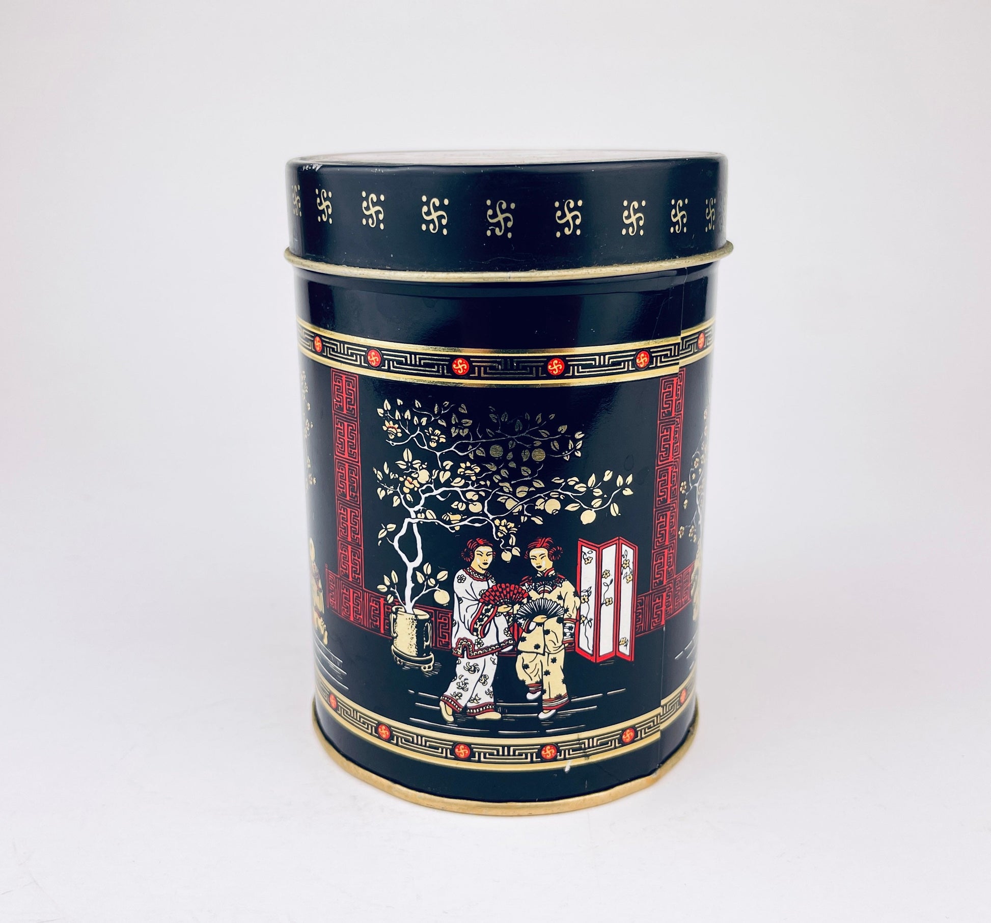 Product image for 'vintage japanese chinoiserie tea tin canister geishas cranes cherry blossom tree pattern' (view dc9502)