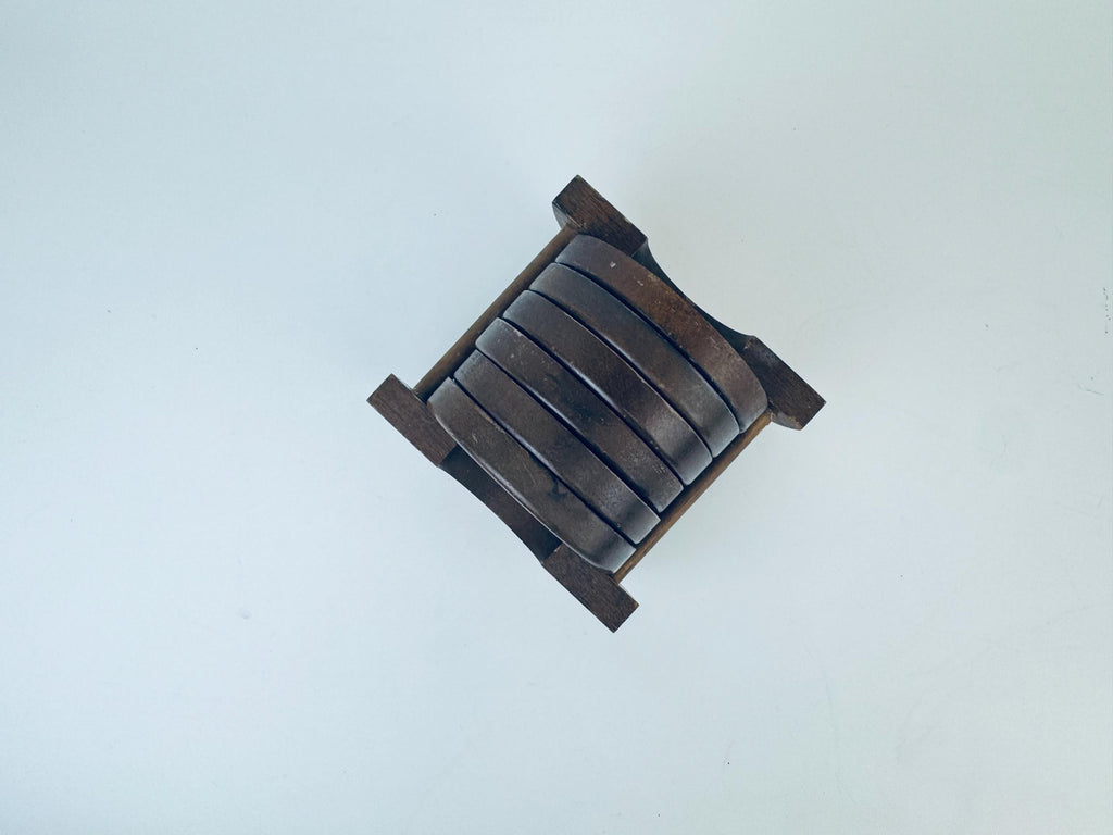 Product image for 'vintage delft windmill blue white coaster set wood ceramic inlay set of six 6' (view f3d89f)
