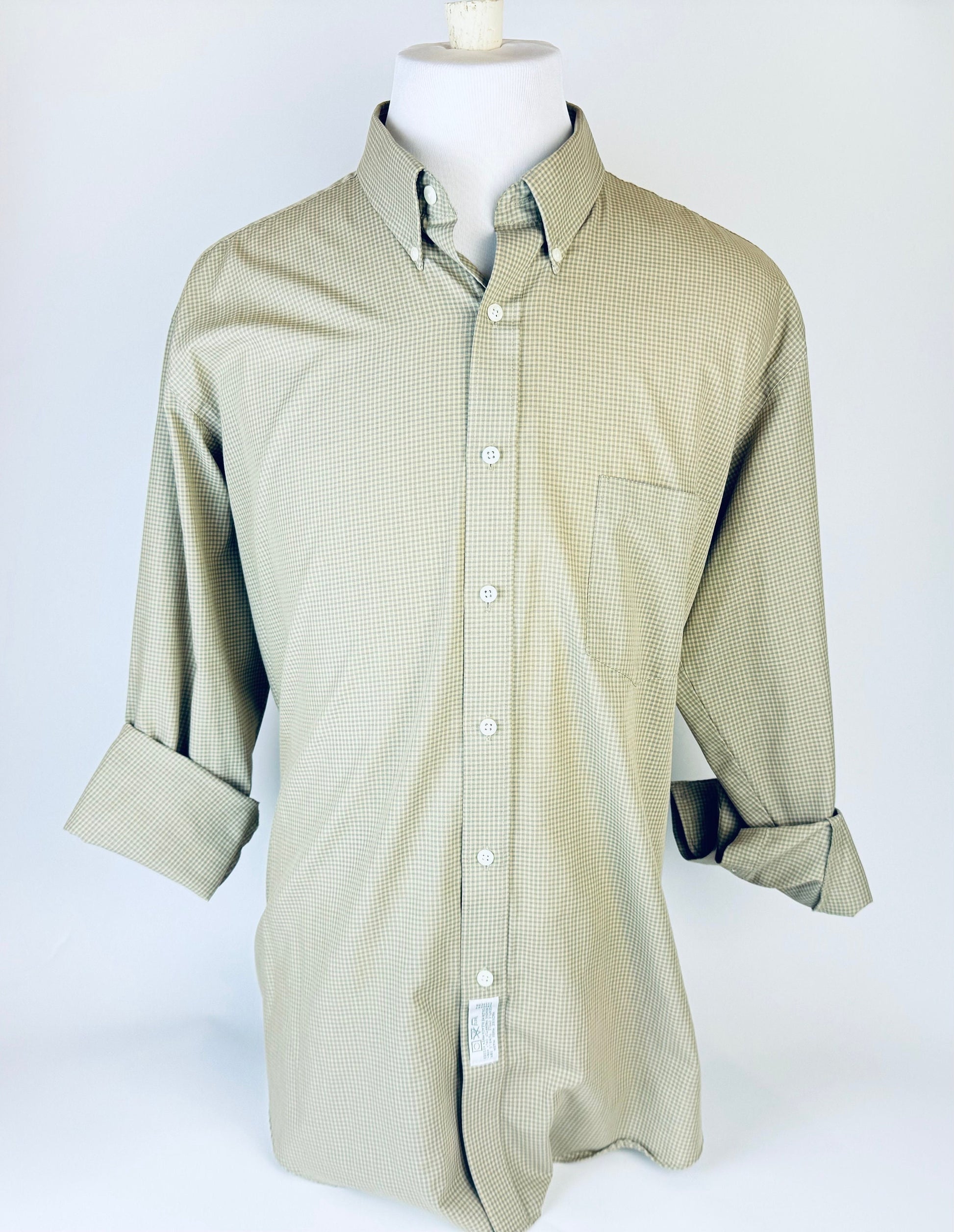 Product image for 'vintage geoffrey beene long sleeve button down green grey gingham shirt size 17 32 33 large made in hong kong' (view b87d28)