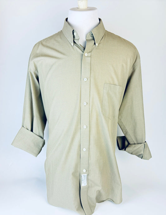 Product image for 'vintage geoffrey beene long sleeve button down green grey gingham shirt size 17 32 33 large made in hong kong' (view b87d28)