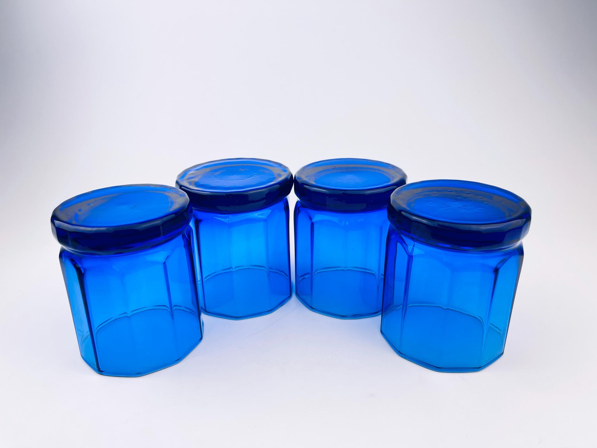 Product image for 'vintage cobalt blue drinking glasses set of four 4 decagonal geometric design' (view c9061d)