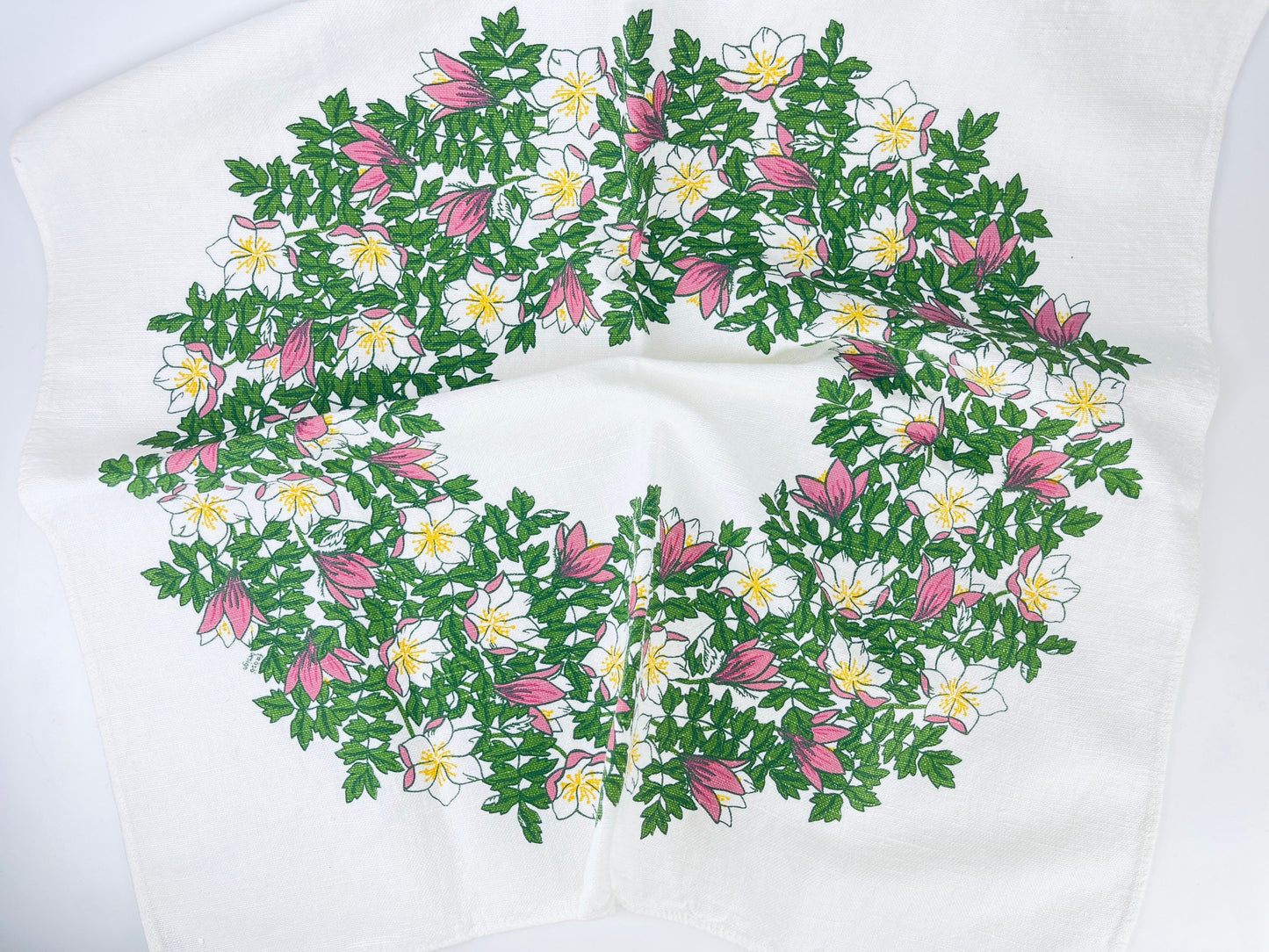Product image for 'vintage froso handtryck green pink spring floral tablecloth made in sweden' (view b8f753)