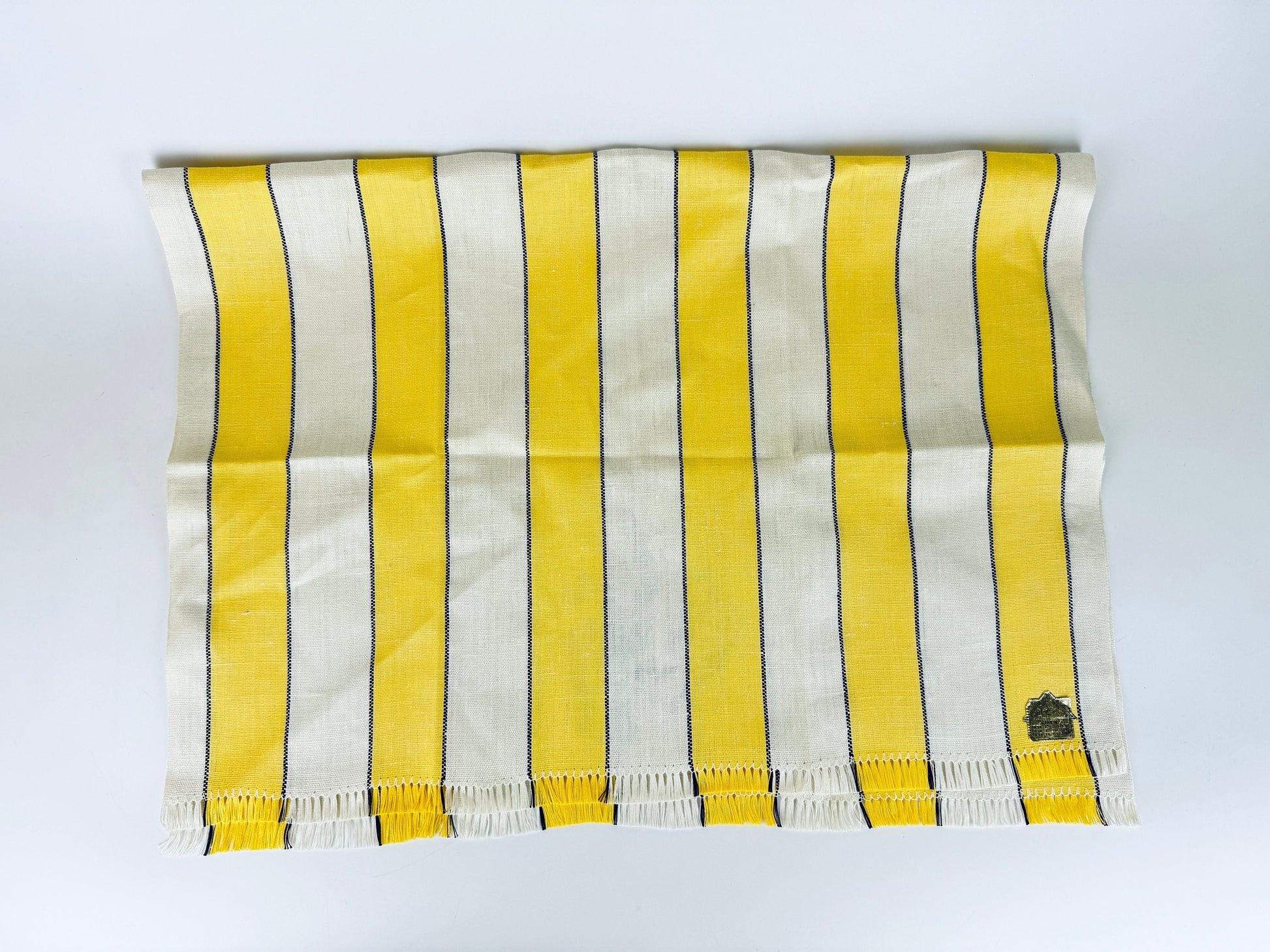 Product image for 'vintage yellow blue beige striped linen tea towel embroidered rooster front made in poland new old stock nos' (view 319268)
