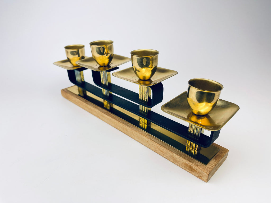 Product image for 'vintage brass teak candlestick holders attractive aged patina centrepiece decor' (view f6f96c)