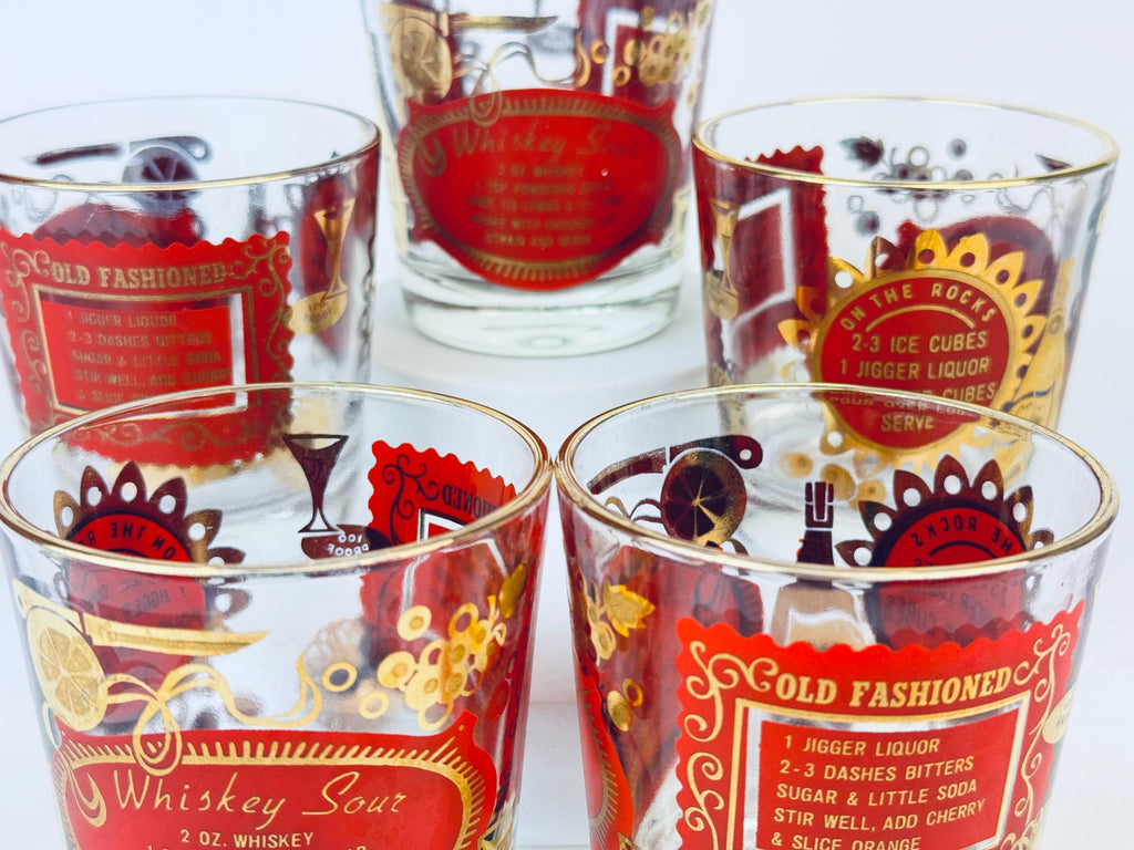 Product image for 'vintage jeanette glass heres how red and gold old fashioned glasses set of five 5' (view ae67d4)