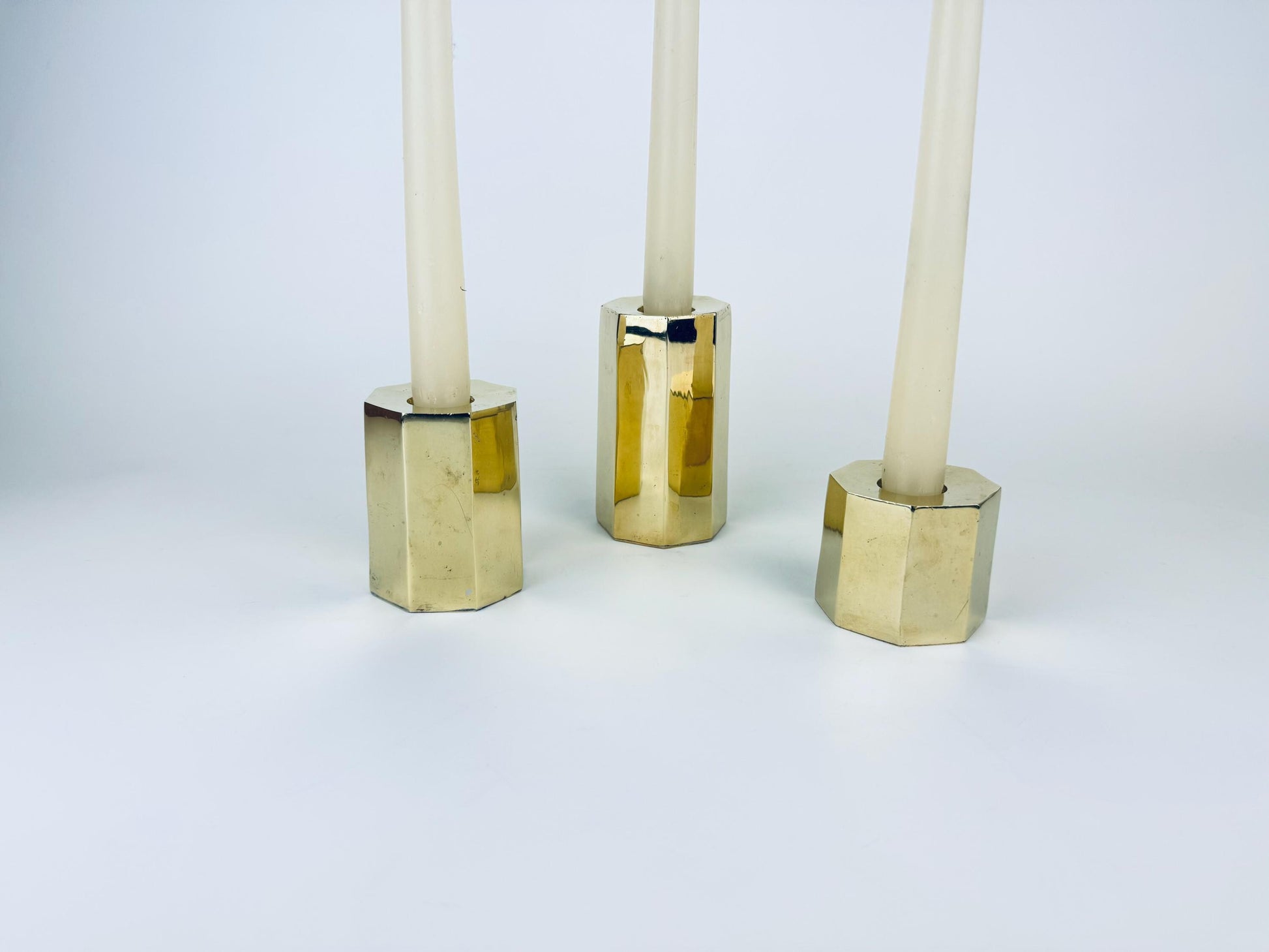 Product image for 'vintage hexagonal solid brass candle stick holders set of three 3' (view 455344)