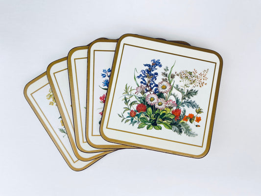Product image for 'vintage pimpernel square coasters meadow flowers pattern set of five 5 acrylic top cork bottom' (view 4cc6ce)