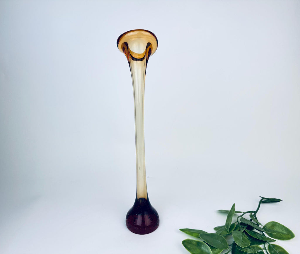 Product image for 'vintage gematex tall crystal glass vase hand blown amber brown controlled bubble base made in sweden' (view c5583b)
