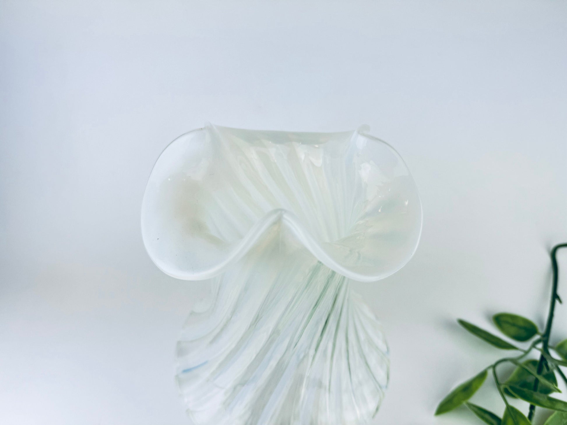 Product image for 'vintage white striped opalescent vaseline glass vase ruffled edge top' (view 4f442d)