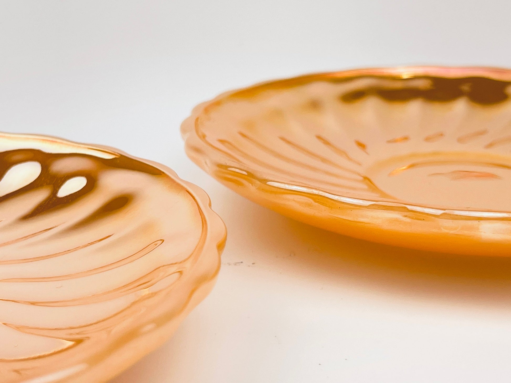 Product image for 'vintage peach lustreware swirl demitasse espresso saucer plate replacement anchor hocking fire king made in usa set of two 2' (view 9e1f9a)