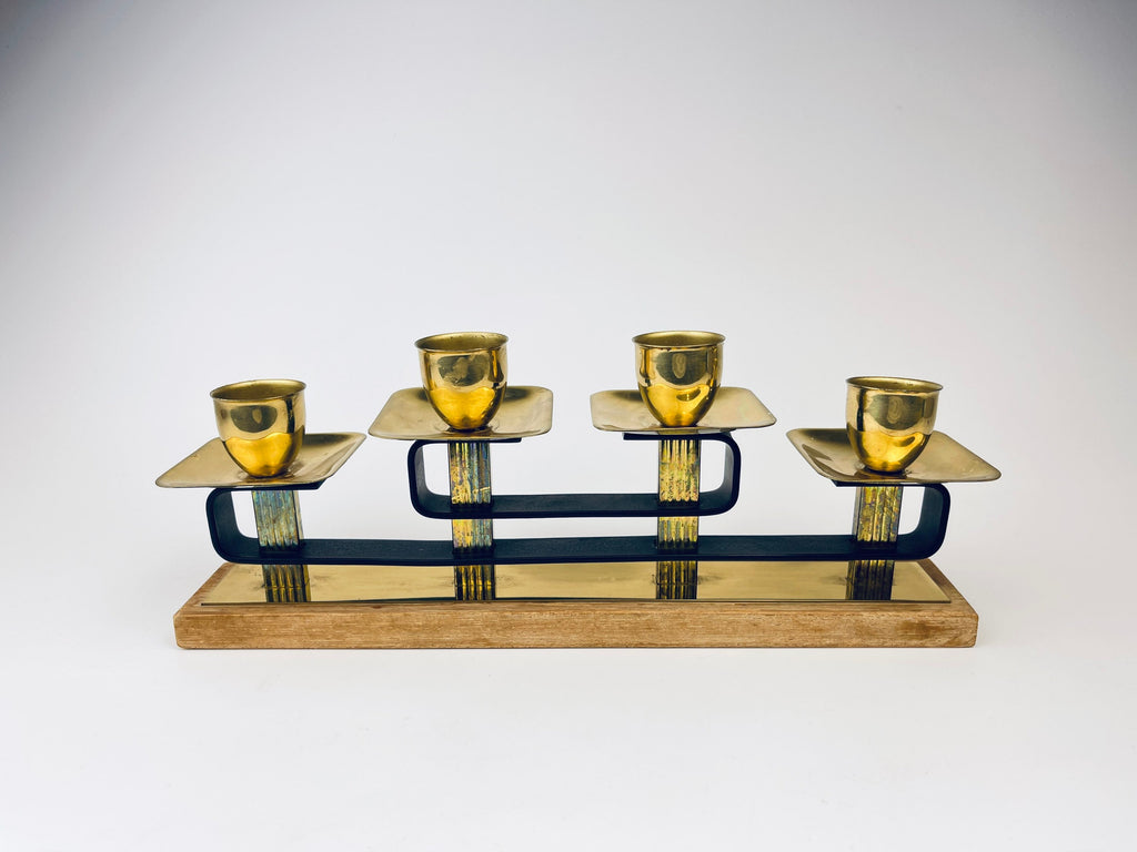 Product image for 'vintage brass teak candlestick holders attractive aged patina centrepiece decor' (view 0c3118)