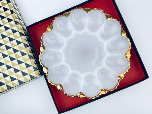 Product image for 'vintage devilled egg plate anchor hocking white milk glass ruffled scalloped gold rimmed edge' (view c24544)