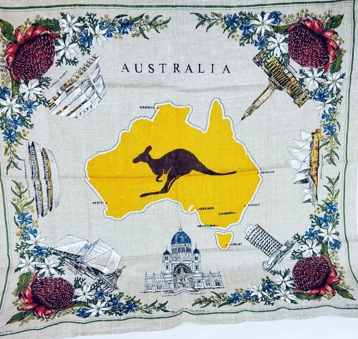 Product image for 'vintage australia linen souvenir table cloth pure linen australian souvenir made in poland' (view a2e9ad)
