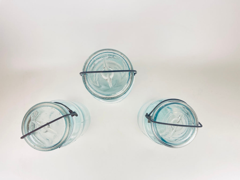 Product image for 'antique safety seal wide mouth aqua blue glass jar 2 pint capacity lightning metal hinge clasp made in canada sold separately' (view cc689b)