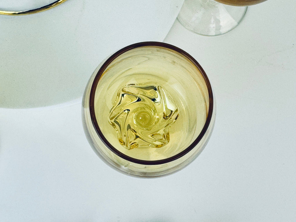 Product image for 'vintage amber gold crystal drink ware barware set decanter four 4 aperitif swirl pedestal glasses barware gift' (view 92a195)