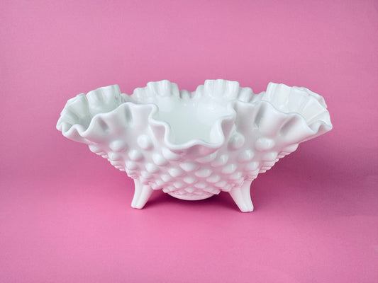 Product image for 'vintage fenton hobnail milk glass ruffled decorative bowl 8' (view aab5c3)