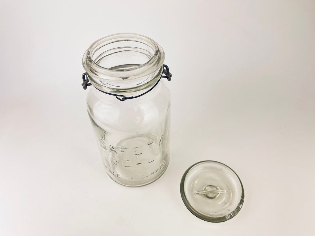 Product image for 'antique safety seal wide mouth glass jar 2 pint capacity metal hinge clasp aka lightning jar made in canada farmhouse decor' (view 79db2d)