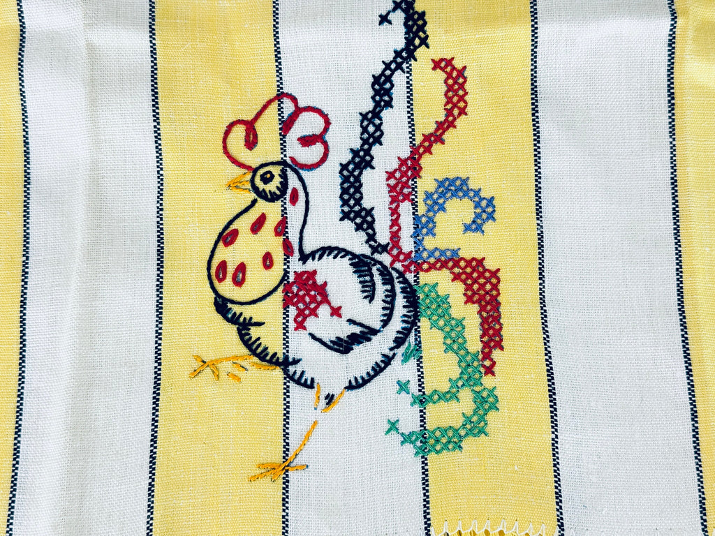 Product image for 'vintage yellow blue beige striped linen tea towel embroidered rooster front made in poland new old stock nos' (view 16961e)