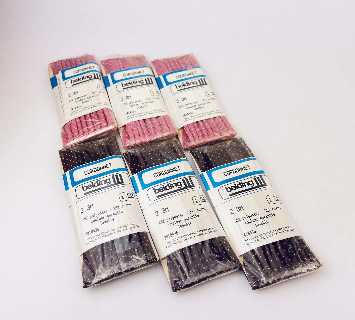 Product image for 'vintage piping tape dark brown pink polka dot pattern made in canada new old stock nos polyester cotton blend' (view be4a7f)