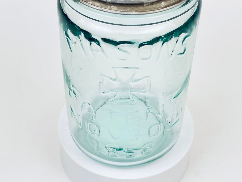 Product image for 'antique mason s aqua blue glass jar 1858 patent with presto lid good housekeeping seal' (view b2c41d)