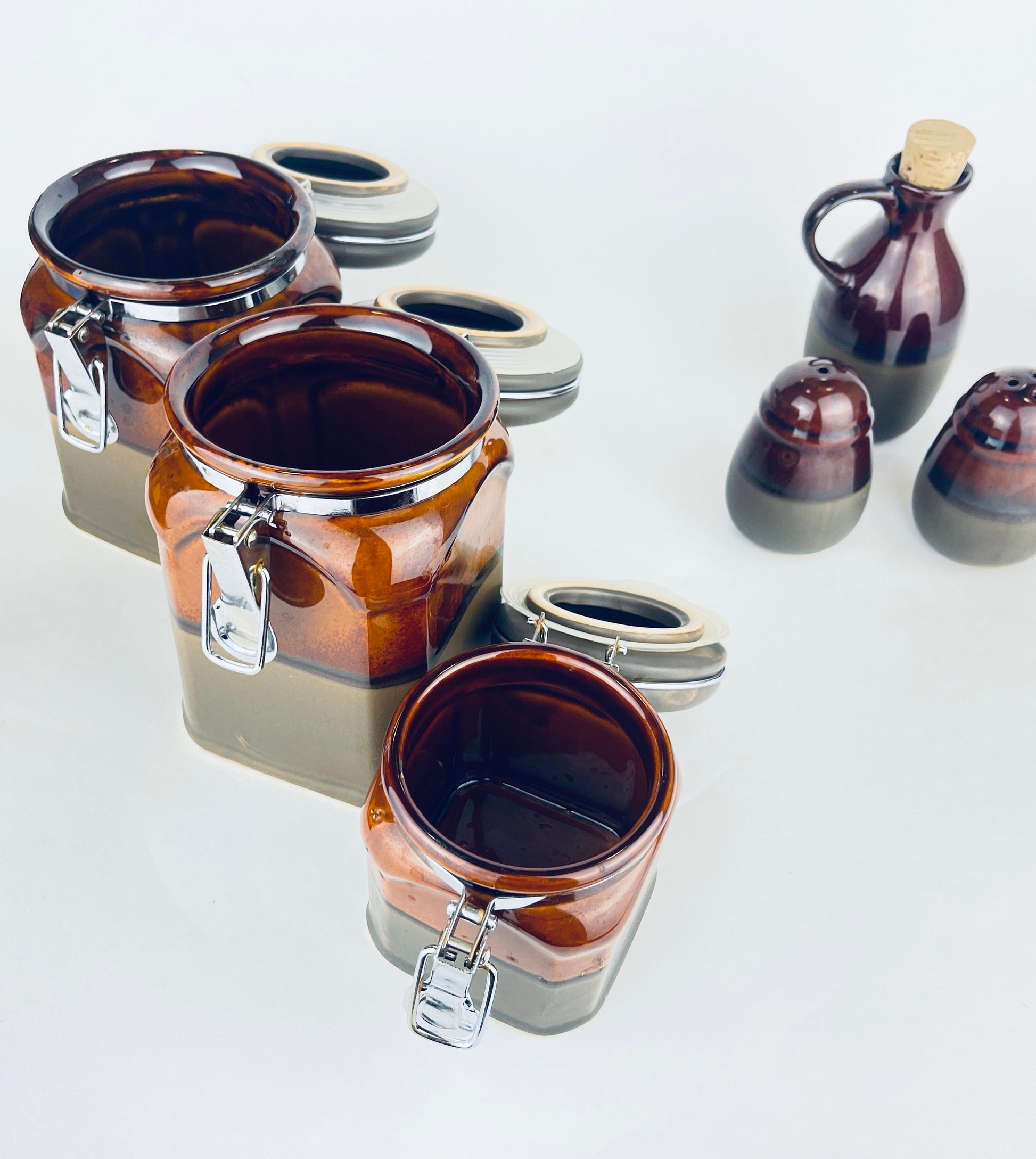 Product image for 'vintage brown grey drip glaze canister set salt pepper oil decanter included' (view 9cf7d2)
