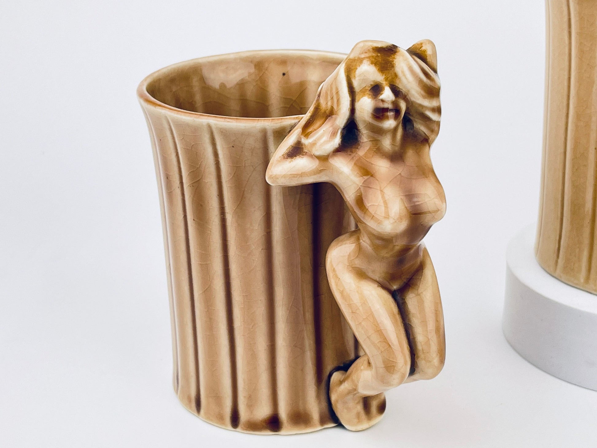 Product image for 'vintage risque nude woman striped brown ceramic mug shafford japan sold individually groomsmen barware gift' (view 448aa5)