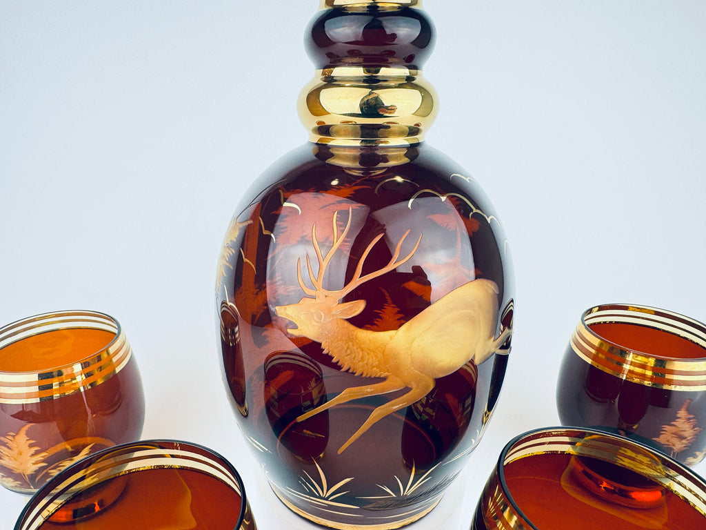 Product image for 'vintage dark brown gold striped egermann stag landscape barware set glass decanter four 4 roly poly glasses made in czechoslovakia' (view 705e11)