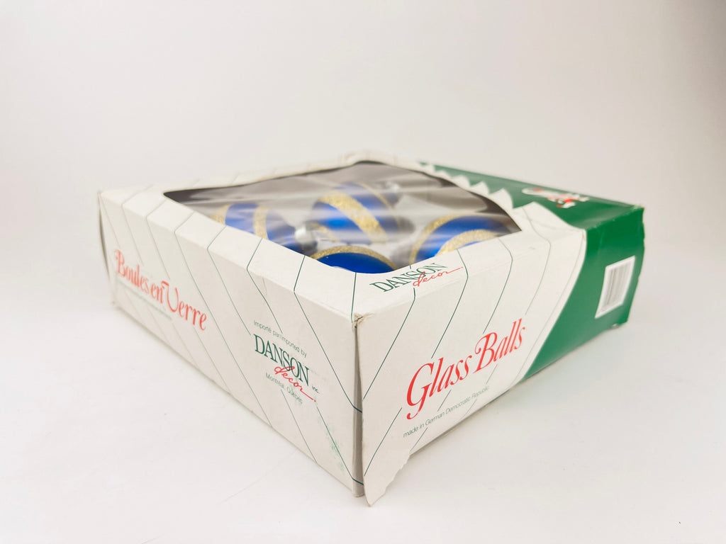 Product image for 'vintage blue gold striped glass christmas tree ornaments set of four 4 made in german democratic republic' (view d80e38)