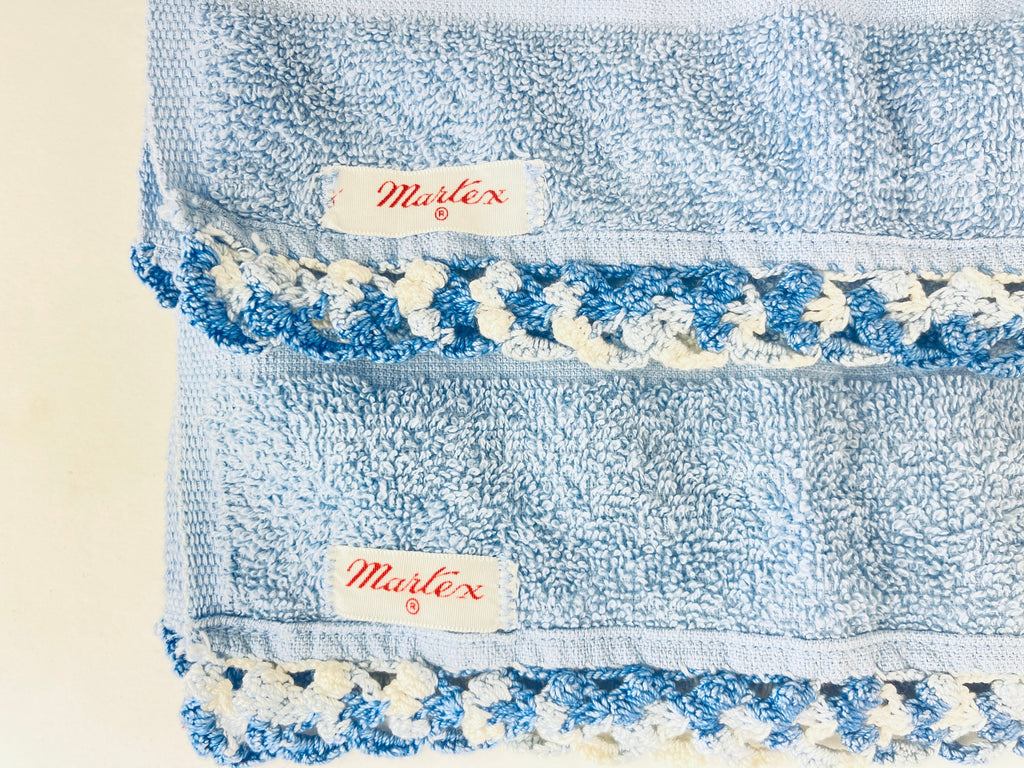 Product image for 'vintage martex light blue cotton hand bath towel set crochet trim usa made set of 3' (view d6991e)