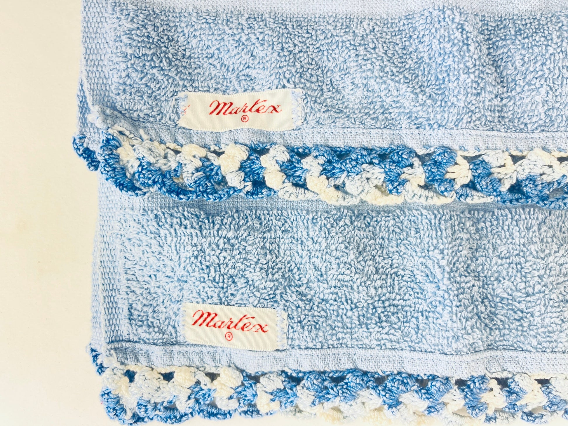 Product image for 'vintage martex light blue cotton hand bath towel set crochet trim usa made set of 3' (view d6991e)