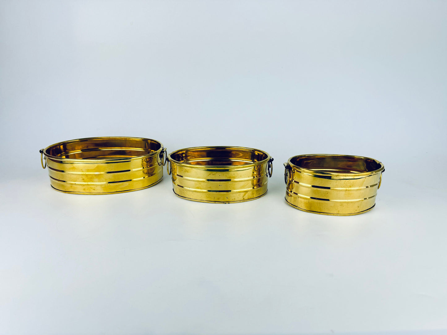 Product image for 'vintage brass oval handled indoor planters set of three 3' (view cbd062)