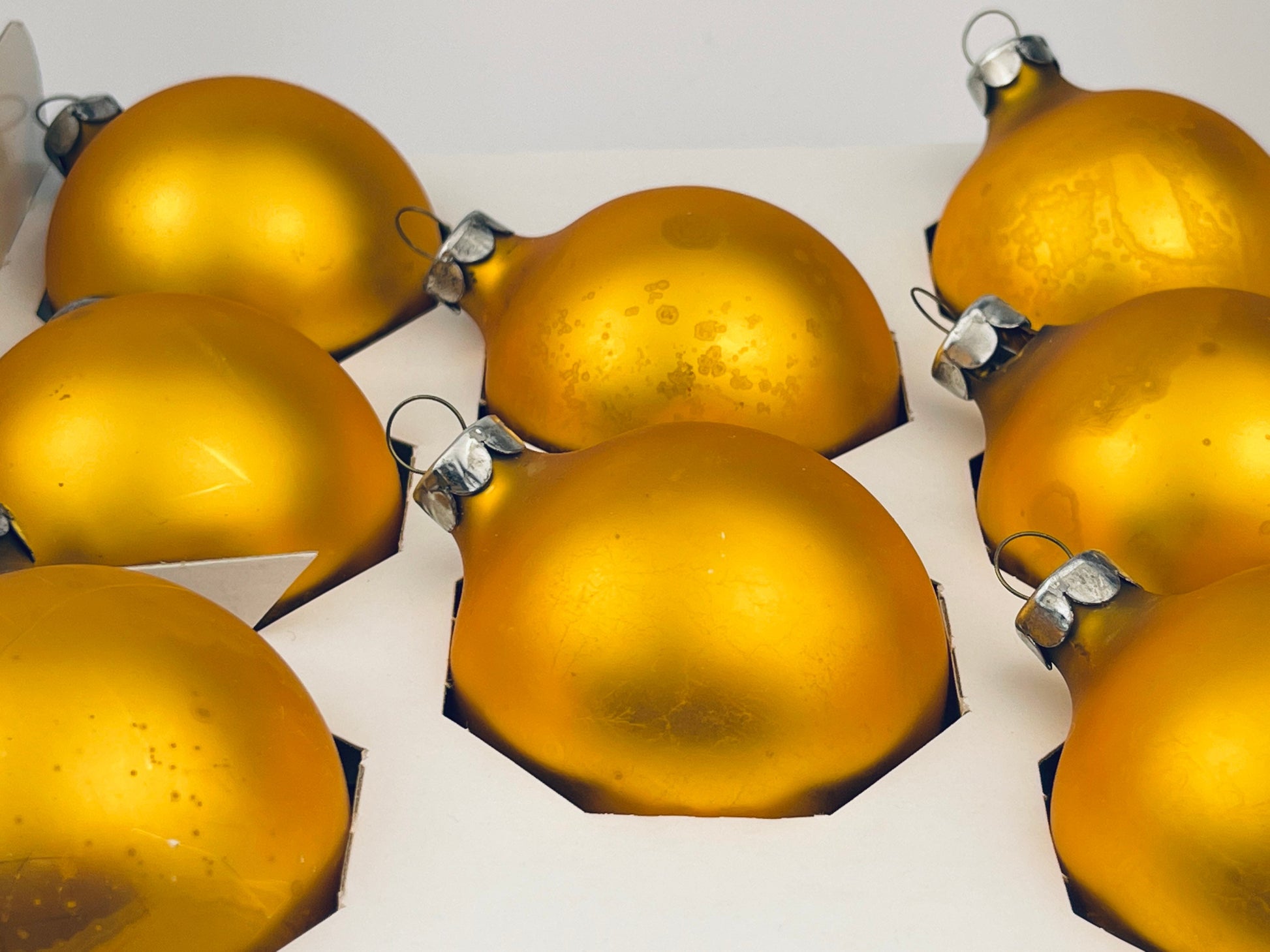 Product image for 'vintage gold glass christmas tree ornaments set of eight 8 american made by holly ornaments rustic aged' (view b45468)