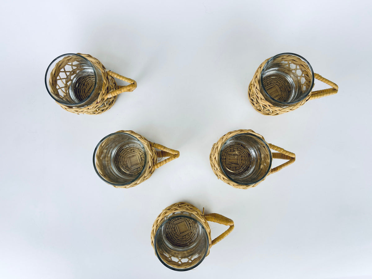 Product image for 'vintage boho woven wicker glass handled cup mugs set of five 5' (view 564b73)