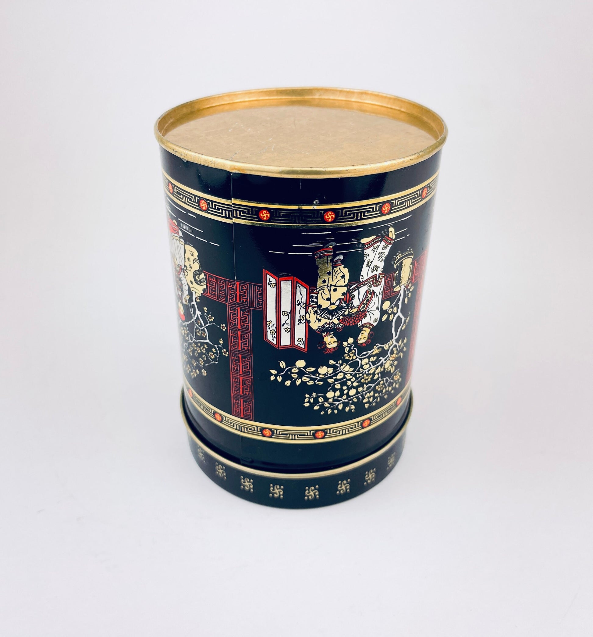Product image for 'vintage japanese chinoiserie tea tin canister geishas cranes cherry blossom tree pattern' (view 4a51b1)