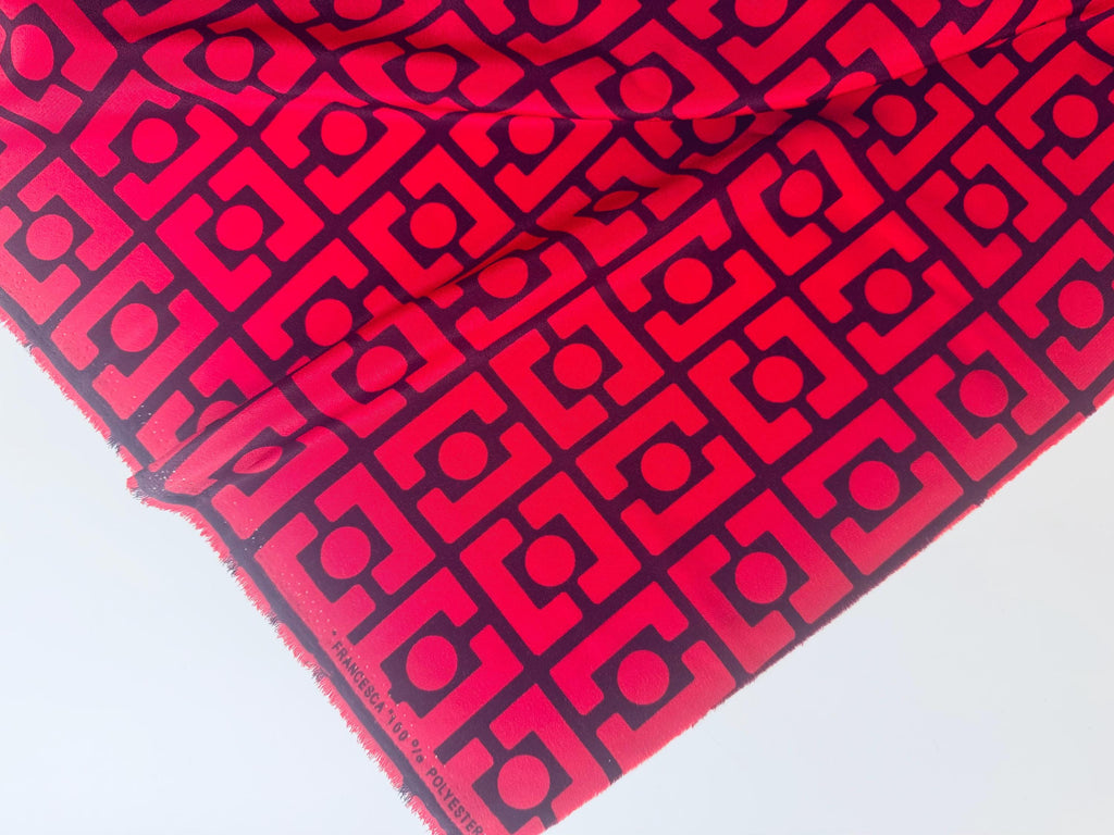 Product image for 'vintage francesca koshibo printed lava red black abstract geometric silky polyester fabric 1970s material' (view b527ae)