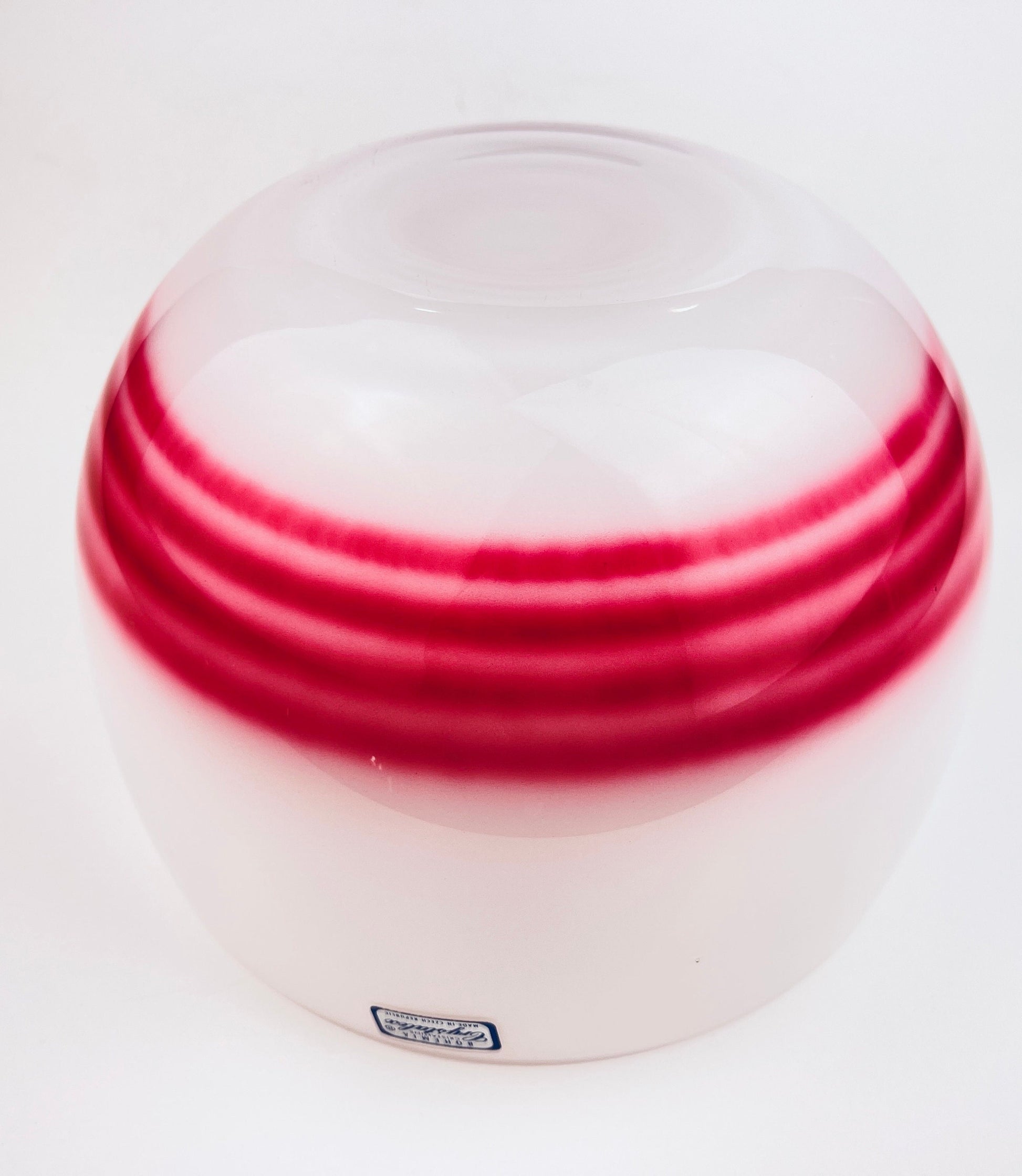 Product image for 'vintage bohemia crystalex white glass round bowl four stripe pink pattern made in czech republic' (view a1840d)