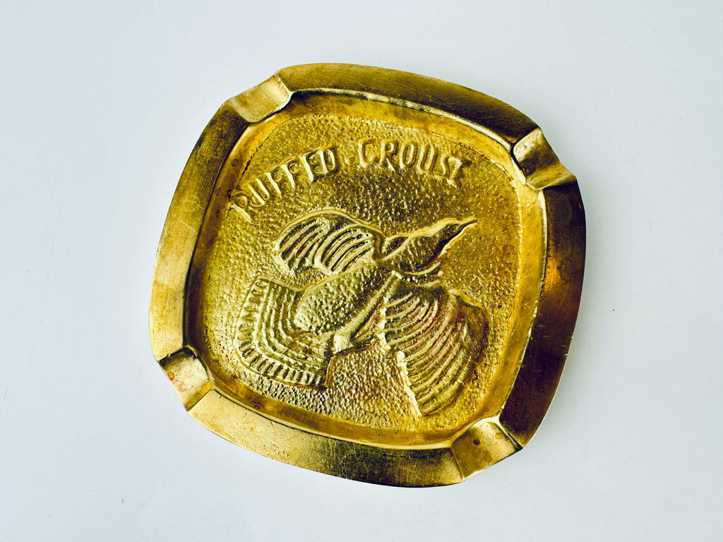 Product image for 'vintage solid heavy brass ruffled grouse ashtray attractive aged metal patina hunter gift' (view 37696a)