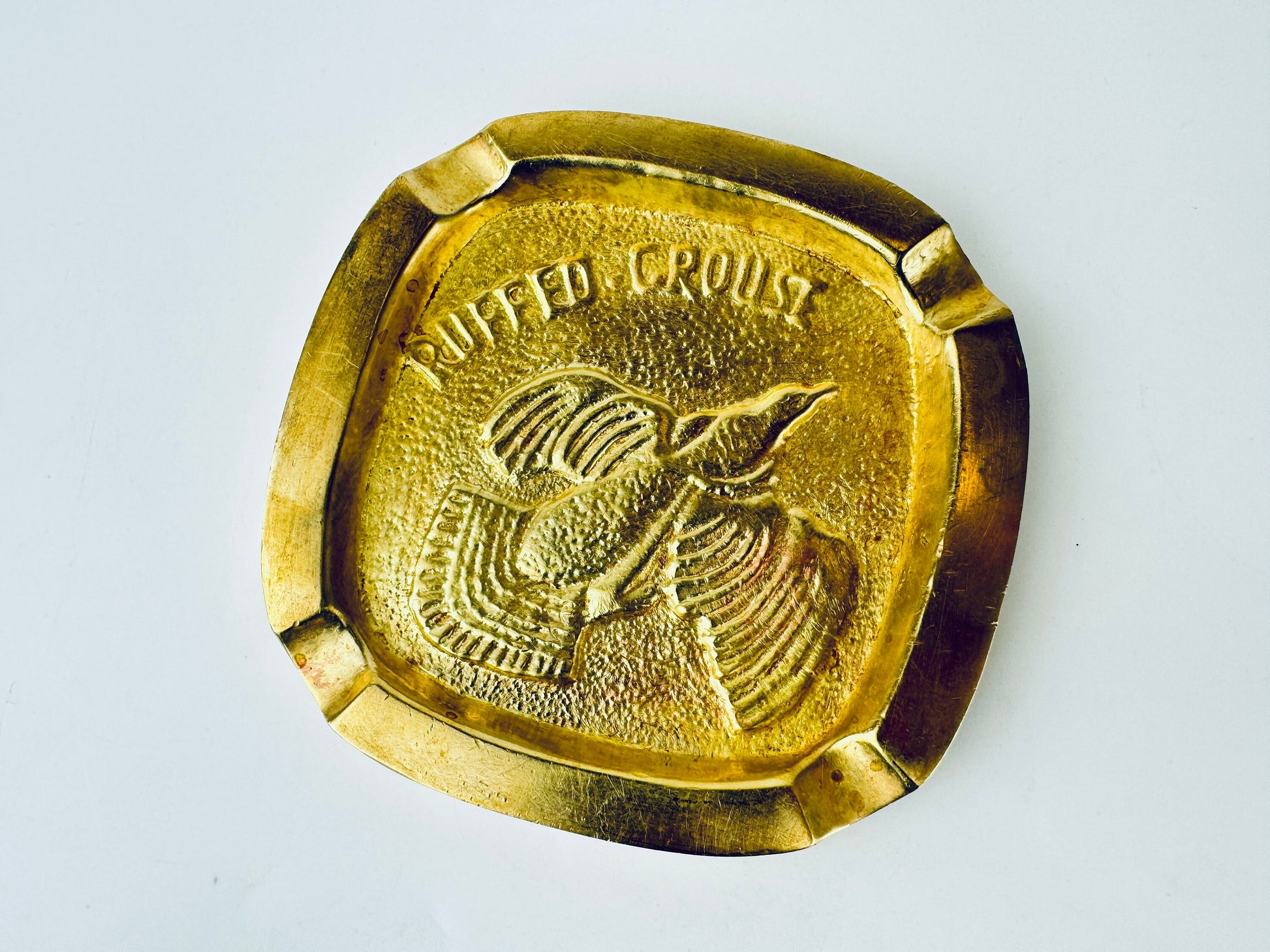 Product image for 'vintage solid heavy brass ruffled grouse ashtray attractive aged metal patina hunter gift' (view 37696a)
