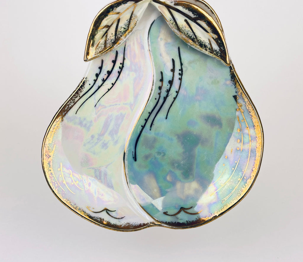 Product image for 'vintage ceramic pear shaped ring candy dish gold rimmed iridescent lustreware made in japan' (view 54f49d)