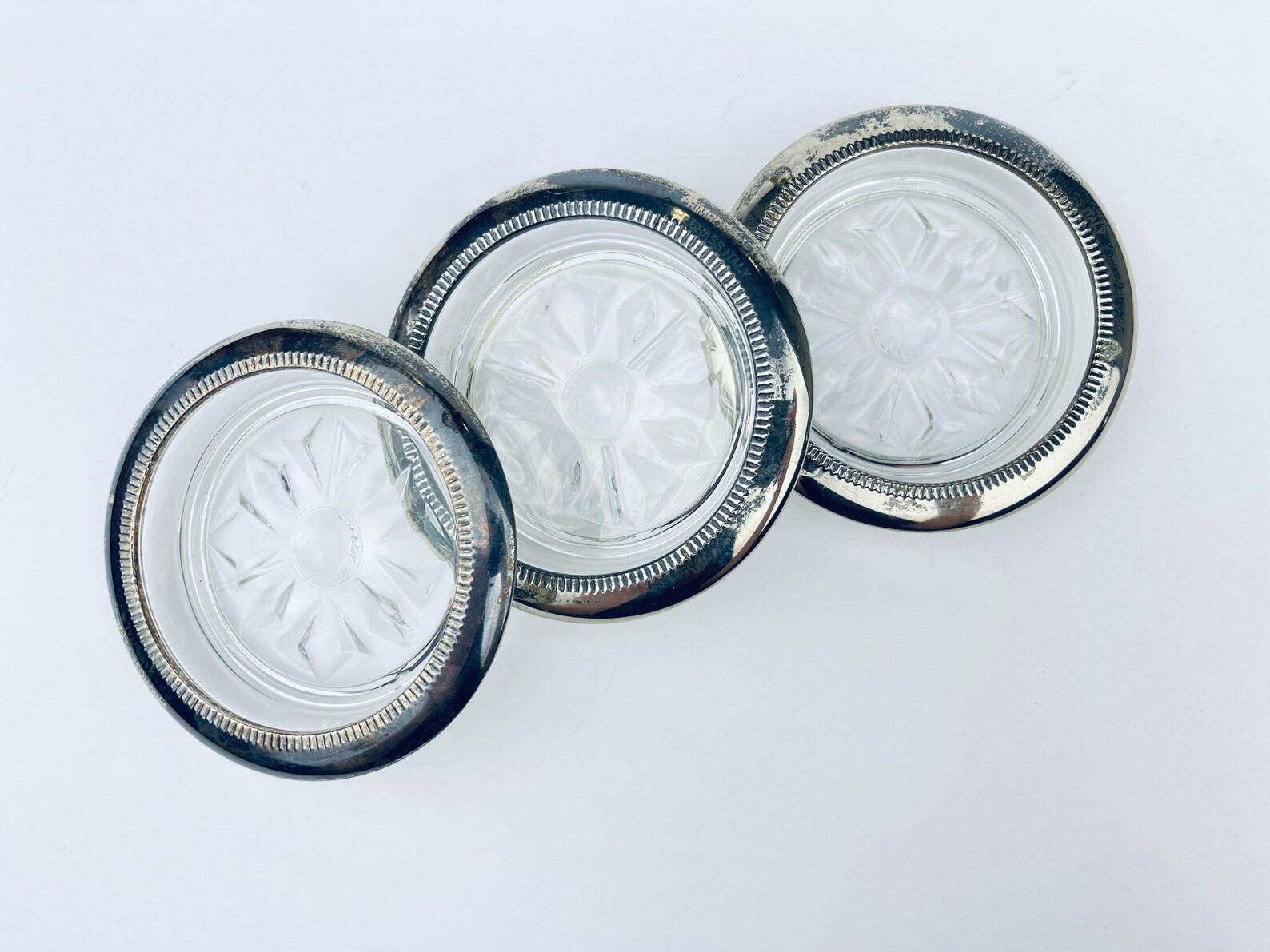 Product image for 'vintage glass silver plated coaster set set of three 3 floral sunburst pattern made in italy' (view fa1a95)