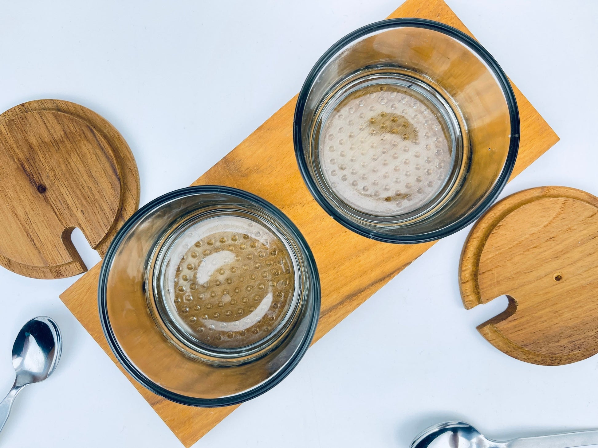 Product image for 'vintage luthje danish preserve set appetizer dinner party serve ware wood tray glass containers made in denmark' (view 2b0fab)