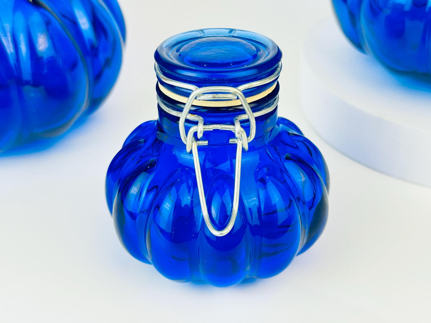Product image for 'vintage round cobalt blue bubble glass clasp container jars sold separately' (view 2a5259)