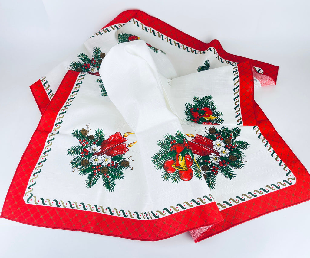 Product image for 'vintage christmas print square table cloth christmas bells ornaments candles 31 x 31 made in brazil by interloom' (view 8590f0)