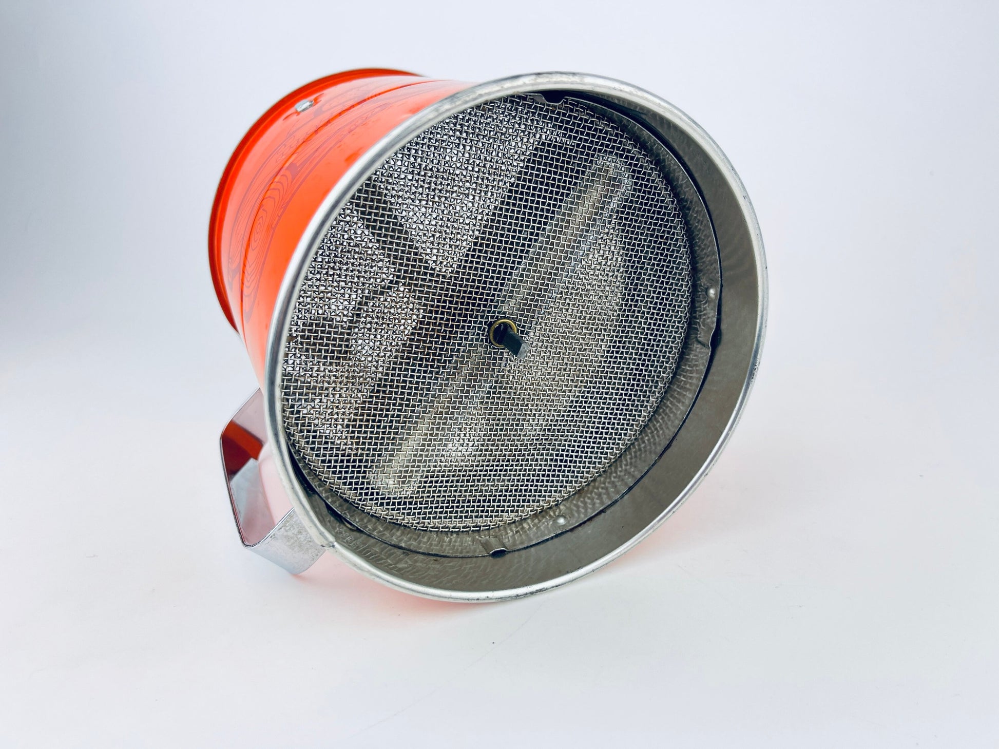 Product image for 'vintage orange metal flour sifter merry mushroom veggie pattern three 3 screen layers' (view 9a04e5)