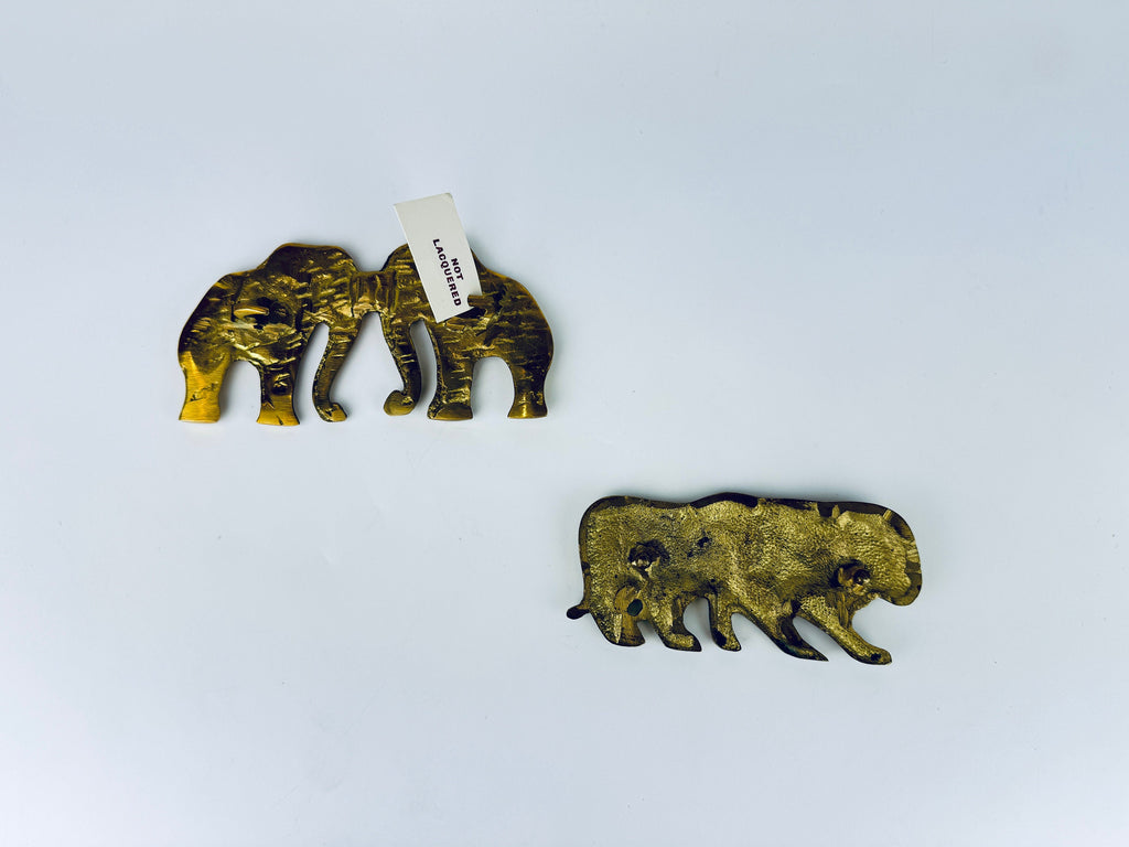 Product image for 'vintage hand made solid brass double lion elephant belt buckle attractive aged metal patina sold separately' (view c8d07b)