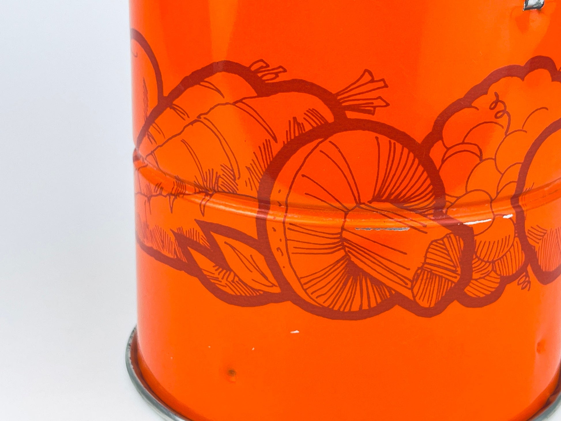 Product image for 'vintage orange metal flour sifter merry mushroom veggie pattern three 3 screen layers' (view 99120d)