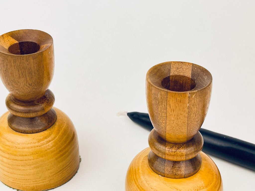 Product image for 'vintage 1970s wooden hourglass candlestick holders set of 2' (view c6a15c)