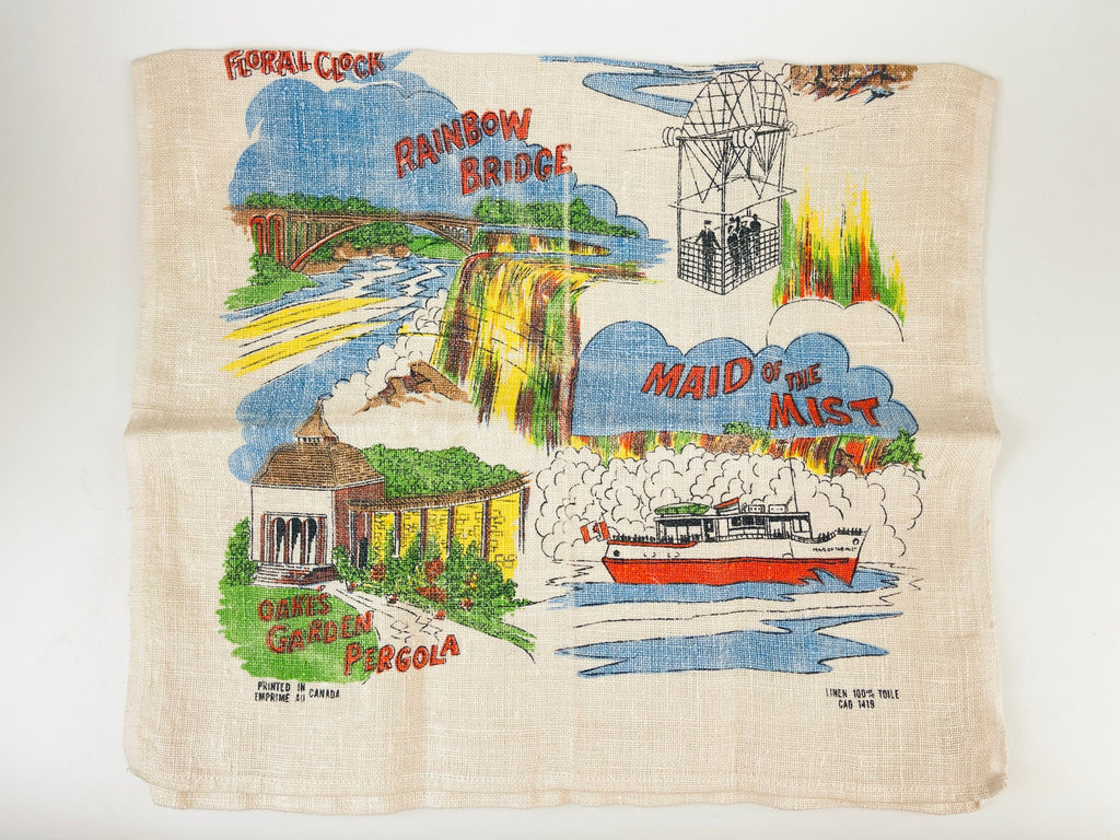 Product image for 'vintage niagara falls canada tea towel multicolour 1960s linen souvenir maid of the mist horseshoe falls floral clock' (view 7fbd7c)