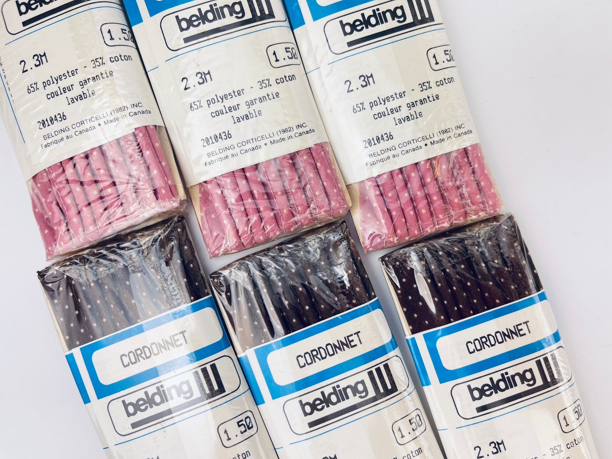 Product image for 'vintage piping tape dark brown pink polka dot pattern made in canada new old stock nos polyester cotton blend' (view c99eb4)