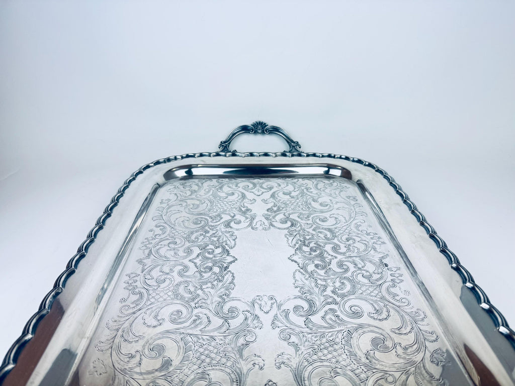 Product image for 'vintage antique ornate scroll silver handled tray primerose plate' (view a4f510)